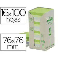 BLOC DE NOTAS ADHESIVAS QUITA Y PON POST-IT 76X76MM EN TORRE RECICLADAS PACK DE 16 BLOCS 654 COLORES PAS 46776
