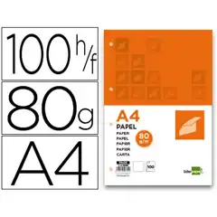 Material PAPEL LIDERPAPEL A4 80G/M2 PAQ. DE 100 4 TALADROS BLANCO 50315