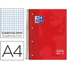 BLOC ESPIRAL OXFORD TAPA EXTRADURA MICROPERFORADO A4 80 HJ CUADRO 5MM COLOR ROJO 100430198 50354
