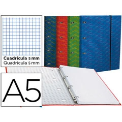 CARPETA CON RECAMBIO LIDERPAPEL A5 CUADRO 5MM FORRADA 4 ANILLAS 20MM 52395