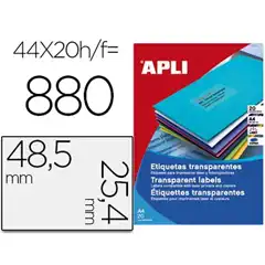 Material ETIQUETA ADHESIVA APLI TRANSPARENTE 48,5X25,4 MM FOTOCOPIA LASER INKJET CAJA 20 HJ A4 CON 880 APLI 2517 62822