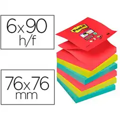 BLOC DE NOTAS ADHESIVAS QUITA Y PON POST-IT SUPER STICKY 76X76 MM CON 90 HJ Z-NOTES PACK DE 6 UNIDADE 63077