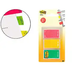 BANDERITAS SEPARADORAS RIGIDAS POST-IT INDEX 682 AMARILLO ROJO Y VERDE DISPENSADOR FUNDA 3X20 63083