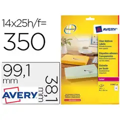 Material ETIQUETA ADHESIVAS AVERY A4 IMPRIMIBLES TRANSPARENTE 99,1X38,1 MM CAJA DE 25 HJ CON 350 ETIQUETAS 72181