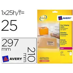 Material ETIQUETA ADHESIVAS AVERY A4 IMPRIMIBLES TRANSPARENTE 210X297 MM CAJA DE 25 HJ CON 25 ETIQUETAS 72182