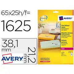 Material ETIQUETA ADHESIVAS AVERY A4 IMPRIMIBLES TRANSPARENTE 38,1X21,2 MM CAJA DE 25 HJ CON 1625 ETIQUETA 72183