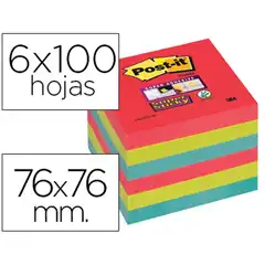 BLOC DE NOTAS ADHESIVAS QUITA Y PON POST-IT SUPER STICKY 76X76 MM CON 6 BLOC 2 ROJOS VERDE NEON AZUL 72236