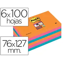 BLOC DE NOTAS ADHESIVAS QUITA Y PON POST-IT SUPER STICKY 76X127 MM CON 6 BLOC 2 ROSA NARANJA NEON AZUL 72237