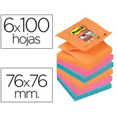 BLOC DE NOTAS ADHESIVAS QUITA Y PON POST-IT SUPER STICKY 76X76 MM ZIGZAG CON 6 BLOC 2 ROSA NARANJA NEON 72241