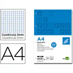 RECAMBIO LIDERPAPEL A4 100 HJ 100 G/M2 CUADRO 5 MM 4 TALADROS BANDAS DE 5 COLORES 72246