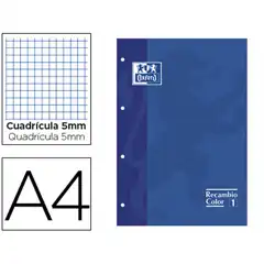 Material RECAMBIO COLOR OXFORD A4 80 HJ 90 GRS CUADROS 5 MM 4 TALADROS AZUL REF. 100102760 COD. 72508