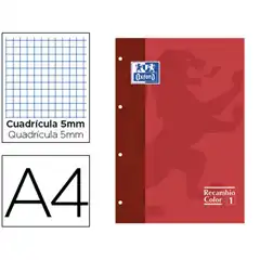 RECAMBIO COLOR OXFORD A4 80 HJ 90 GRS CUADROS 5 MM 4 TALADROS ROJO REF. 100103460 COD. 72509