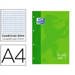 RECAMBIO COLOR OXFORD A4 80 HJ 90 GRS CUADROS 5 MM 4 TALADROS VERDE REF. 100104037 COD. 72510