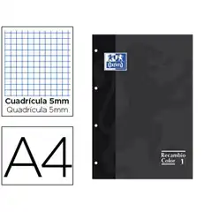 RECAMBIO COLOR OXFORD A4 80 HJ 90 GRS CUADROS 5 MM 4 TALADROS NEGRO REF. 100108306 COD. 72514