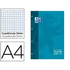 Material RECAMBIO COLOR OXFORD A4 80 HJ 90 GRS CUADROS 5 MM 4 TALADROS TURQUESA REF. 400028274 COD. 72516