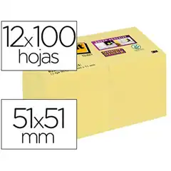 BLOC DE NOTAS ADHESIVAS QUITA Y PON POST-IT SUPER STICKY 51X51 MM PACK DE 12 BLOC AMARILLO CANARIO 74274