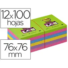 BLOC DE NOTAS ADHESIVAS QUITA Y PON POST-IT SUPER STICK ULTRA 76X76 MM PACK DE 12 BLOC VERDE ROSA AMARIL 74279