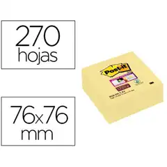 BLOC DE NOTAS ADHESIVAS QUITA Y PON POST-IT SUPER STICKY 76X76 MM CUBO CON 270 HJ AMARILLO CANARIO 75589