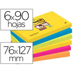 BLOC DE NOTAS ADHESIVAS QUITA Y PON POST-IT SUPER STICKY 76X127 MM CON 90 HJ PACK DE 6 BLOC COLORES S 75591