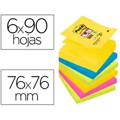 BLOC DE NOTAS ADHESIVAS QUITA Y PON POST-IT SUPER STICKY 76X76 MM CON 90 HJ PACK DE 6 BLOC COLORES SU 75593