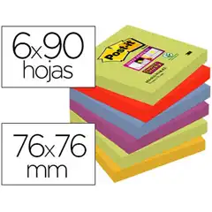 BLOC DE NOTAS ADHESIVAS QUITA Y PON POST-IT SUPER STICKY 76X76 MM CON 90 HJ PACK DE 6 BLOC COLORES SU 75594