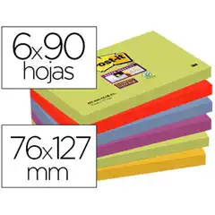 BLOC DE NOTAS ADHESIVAS QUITA Y PON POST-IT SUPER STICKY 76X127 MM CON 90 HJ PACK DE 6 BLOC COLORES S 75595