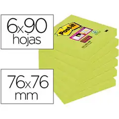 BLOC DE NOTAS ADHESIVAS QUITA Y PON POST-IT SUPER STICKY 76X76 MM CON 90 HJ 654 VERDE ESPARRAGO 75597