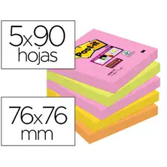 Material BLOC DE NOTAS ADHESIVAS QUITA Y PON POST-IT SUPER STICKY 76X76 MM CON 90 HJ PACK DE 5 BLOC COLORES SU 75598