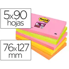 BLOC DE NOTAS ADHESIVAS QUITA Y PON POST-IT SUPER STICKY 76X127 MM CON 90 HJ PACK DE 5 BLOC COLORES S 75599