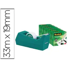 PORTARROLLO SOBREMESA SCOTCH COLOR VERDE DE 19 MM X 33 MT INCLUYE 6 ROLLOS DE CINTA MAGIC 75610