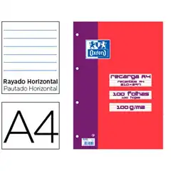 RECAMBIO COLOR OXFORD A4 100 HJ 100 GRS RAYADO HORIZONTAL 4 TALADROS ROJO 100430205 77242