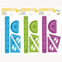 JUEGO ESCUADRA 10 CM CARTABON 14 CM REGLA 30 CM Y SEMICIRC. PLASTICO FLEXIBLE EN PETACA LPP COLORES SURT 77551