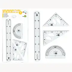 JUEGO ESCUADRA 10 CM CARTABON 14 CM REGLA 30 CM Y SEMICIRC. PLASTICO FLEXIBLE EN PETACA LPP TRANSPARENTE 77552