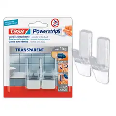 GANCHO AUTOADHESIVO TESA POWERSTRIPS GRANDE TRANSPARENTE/ACERO + TIRAS SUJECION HASTA 1 KG 78079