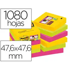 BLOC DE NOTAS ADHESIVAS QUITA Y PON POST-IT SUPER STICKY 47,6X47,6 MM CON 90 HJ PACK DE 12 BLOC COLOR 78142