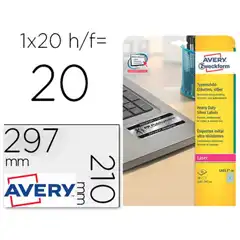 Material ETIQUETA ADHESIVA AVERY POLIESTER PLATA 210X297 MM P/ IMPRESORA LASER PACK DE 20 UNIDADES 79540