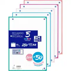 RECAMBIO OXFORD HOJAS SUELTAS 5 COLORES PASTEL A4 200+50HJ 5X5 400173020