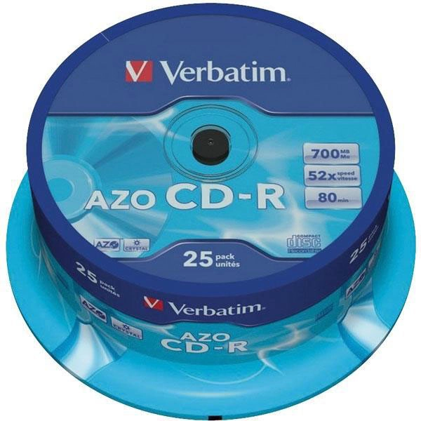 VERBATIM CD-R AZO, 700MB, 52X, 25 PACK SPINDLE, SUPERFICIE CRYSTAL VERBATIM CD-R AZO, 700MB, 52X, 25 PACK SPINDLE, SUPERFICIE CRYSTAL