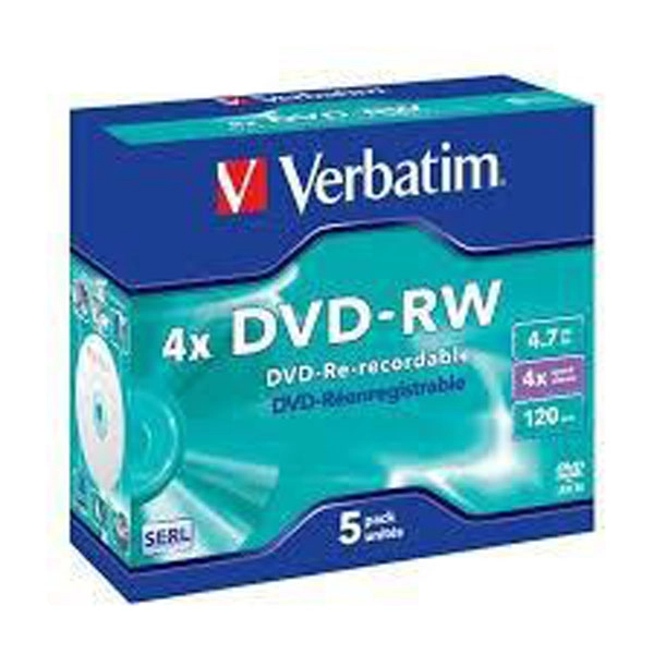 VERBATIM DVD-RW, 4.7GB, 4X, 5 PACK JEWEL CASE, SUPERFICIE MATT SILVER VERBATIM DVD-RW, 4.7GB, 4X, 5 PACK JEWEL CASE, SUPERFICIE MATT SILVER