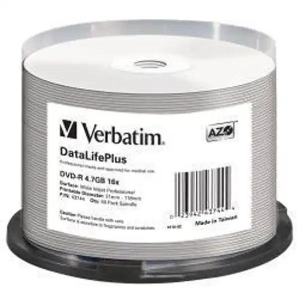 VERBATIM DVD-R, 4,7GB, 16X, 50 PACK SPINDLE, DATALIFE PLUS WIDE INKJET PRINTABLE PROFESSIONAL (21 -118MM) VERBATIM DVD-R, 4,7GB, 16X, 50 PACK SPINDLE, DATALIFE PLUS WIDE INKJET PRINTABLE PROFESSIONAL (21 -118MM)