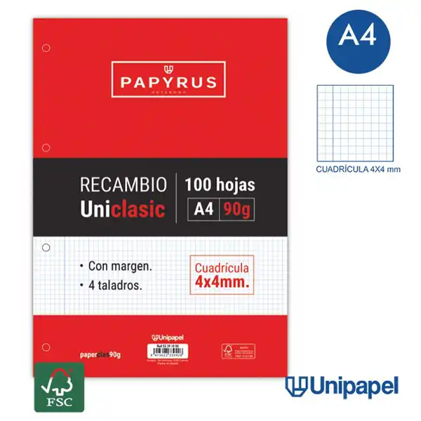 RECAMBIO PAPYRUS UNICLASIC A4 90GR 100HJ 4X4 4 TALADROS 53391000 RECAMBIO PAPYRUS UNICLASIC A4 90GR 100HJ 4X4 4 TALADROS 53391000