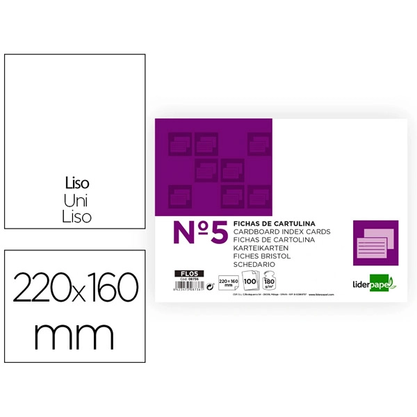 FICHA LIDERPAPEL LISA Nº5 160X220MM PAQ. DE 100 180G 8736 FICHA LIDERPAPEL LISA Nº5 160X220MM PAQ. DE 100 180G 8736