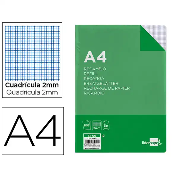 RECAMBIO LIDERPAPEL A4 100 HJ 60G/M2 MILIMETRADO SIN MARGEN 4 TALADROS RF09 10415 RECAMBIO LIDERPAPEL A4 100 HJ 60G/M2 MILIMETRADO SIN MARGEN 4 TALADROS RF09 10415
