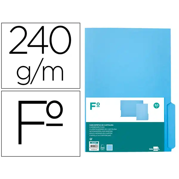 SUBCARPETA CARTULINA LIDERPAPEL Fº PESTAÑA INFERIOR 240G/M2 AZUL SC44 166334 SUBCARPETA CARTULINA LIDERPAPEL Fº PESTAÑA INFERIOR 240G/M2 AZUL SC44 166334