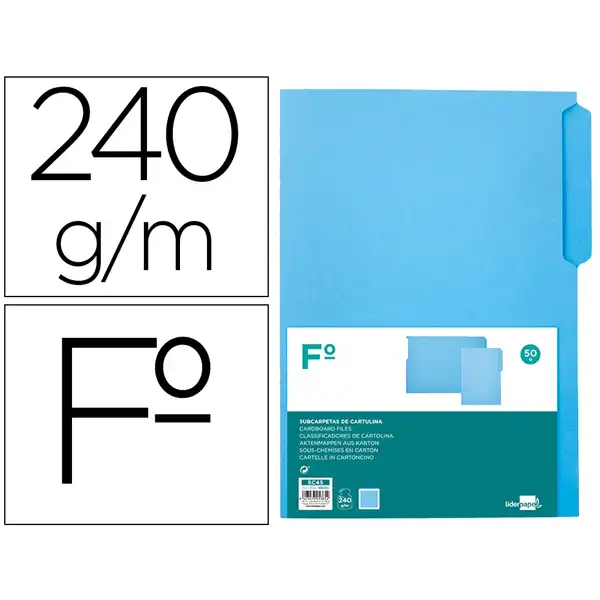 SUBCARPETA CARTULINA LIDERPAPEL Fº PESTAÑA SUPERIOR 240G/M2 AZUL SC45 166335 SUBCARPETA CARTULINA LIDERPAPEL Fº PESTAÑA SUPERIOR 240G/M2 AZUL SC45 166335