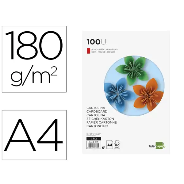 CARTULINA LIDERPAPEL A4 180G/M2 ROJO PAQ. DE 100 HJ CT12 24575 CARTULINA LIDERPAPEL A4 180G/M2 ROJO PAQ. DE 100 HJ CT12 24575
