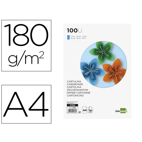 CARTULINA LIDERPAPEL A4 180G/M2 AZUL PAQ. DE 100 HJ CT07 24581 CARTULINA LIDERPAPEL A4 180G/M2 AZUL PAQ. DE 100 HJ CT07 24581