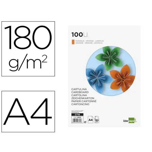 CARTULINA LIDERPAPEL A4 180G/M2 NARANJA FUERTE PAQ. DE 100 HJ CT10 26531 CARTULINA LIDERPAPEL A4 180G/M2 NARANJA FUERTE PAQ. DE 100 HJ CT10 26531