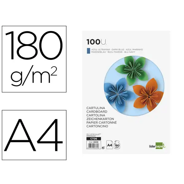 CARTULINA LIDERPAPEL A4 180G/M2 AZUL ULTRAMAR PAQ. DE 100 HJ CT06 26535 CARTULINA LIDERPAPEL A4 180G/M2 AZUL ULTRAMAR PAQ. DE 100 HJ CT06 26535