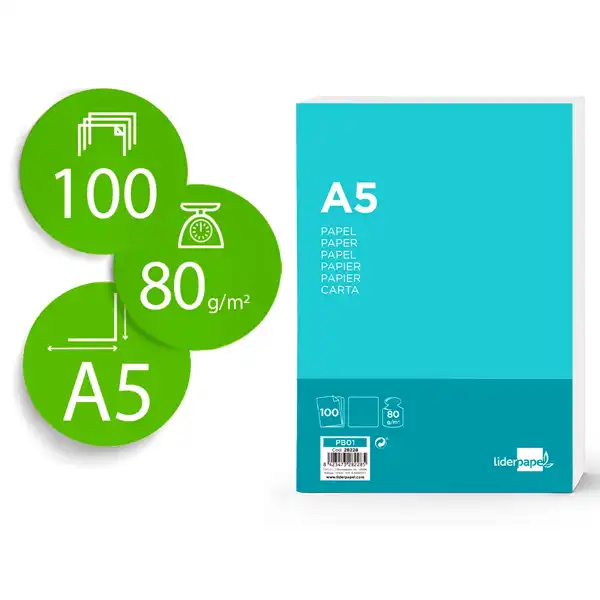 PAPEL LIDERPAPEL A5 80G/M2 PAQ. DE 100 BLANCO 28228 PAPEL LIDERPAPEL A5 80G/M2 PAQ. DE 100 BLANCO 28228